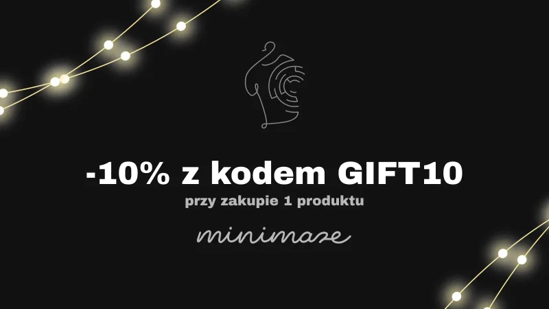 Baner promocyjny Minimaze z napisem „-10% z kodem GIFT10 przy zakupie 1 produktu” na ciemnym tle z delikatnymi świetlnymi liniami.