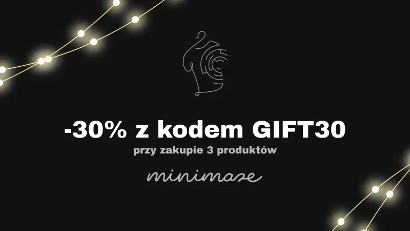 Baner promocyjny Minimaze z napisem „-10% z kodem GIFT30 przy zakupie 3 produktów” na ciemnym tle z delikatnymi świetlnymi liniami.